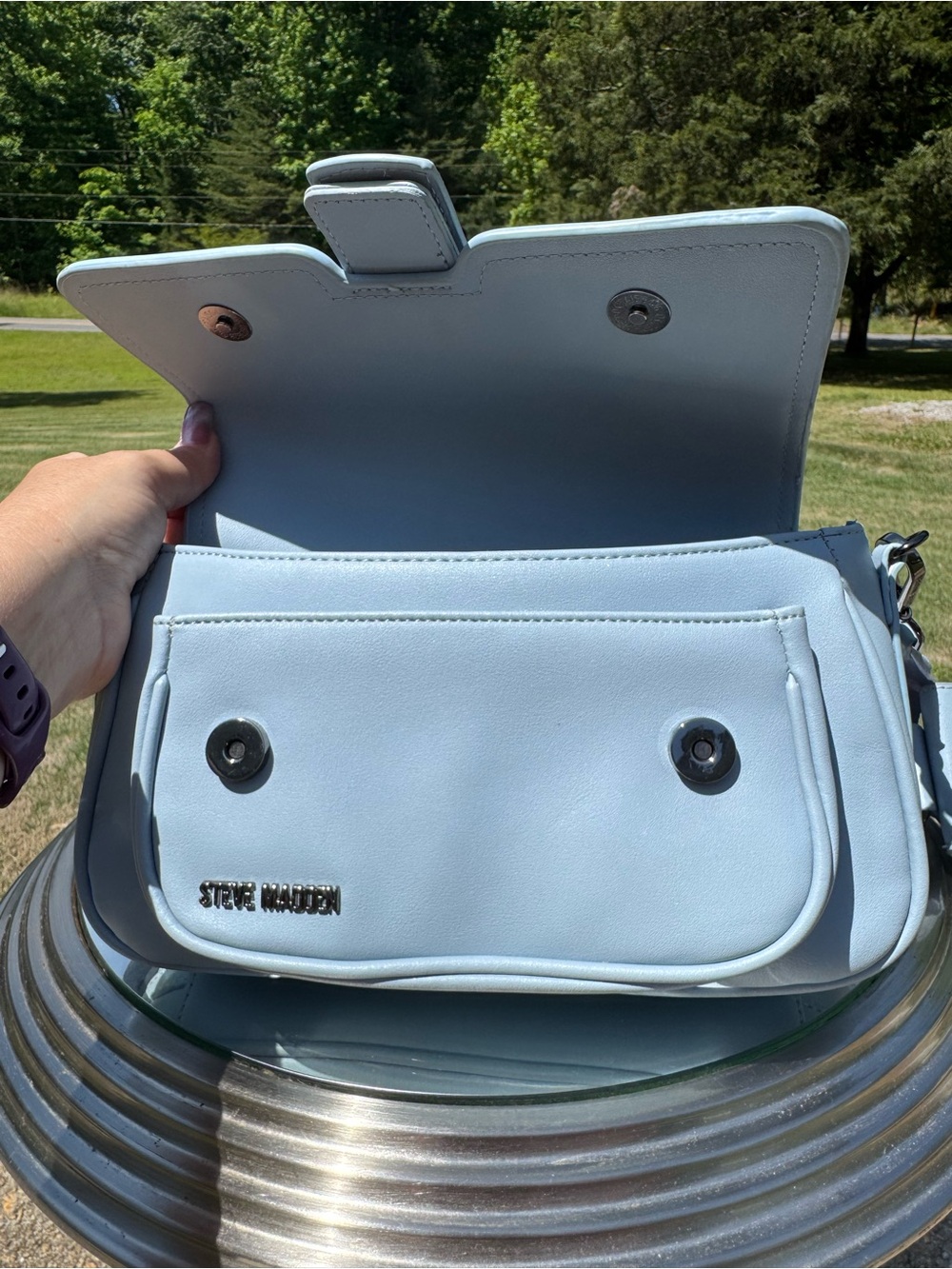Steve Madden light blue Leather Buckle Crossbody with Strap Pouch - Picture 2 of 8